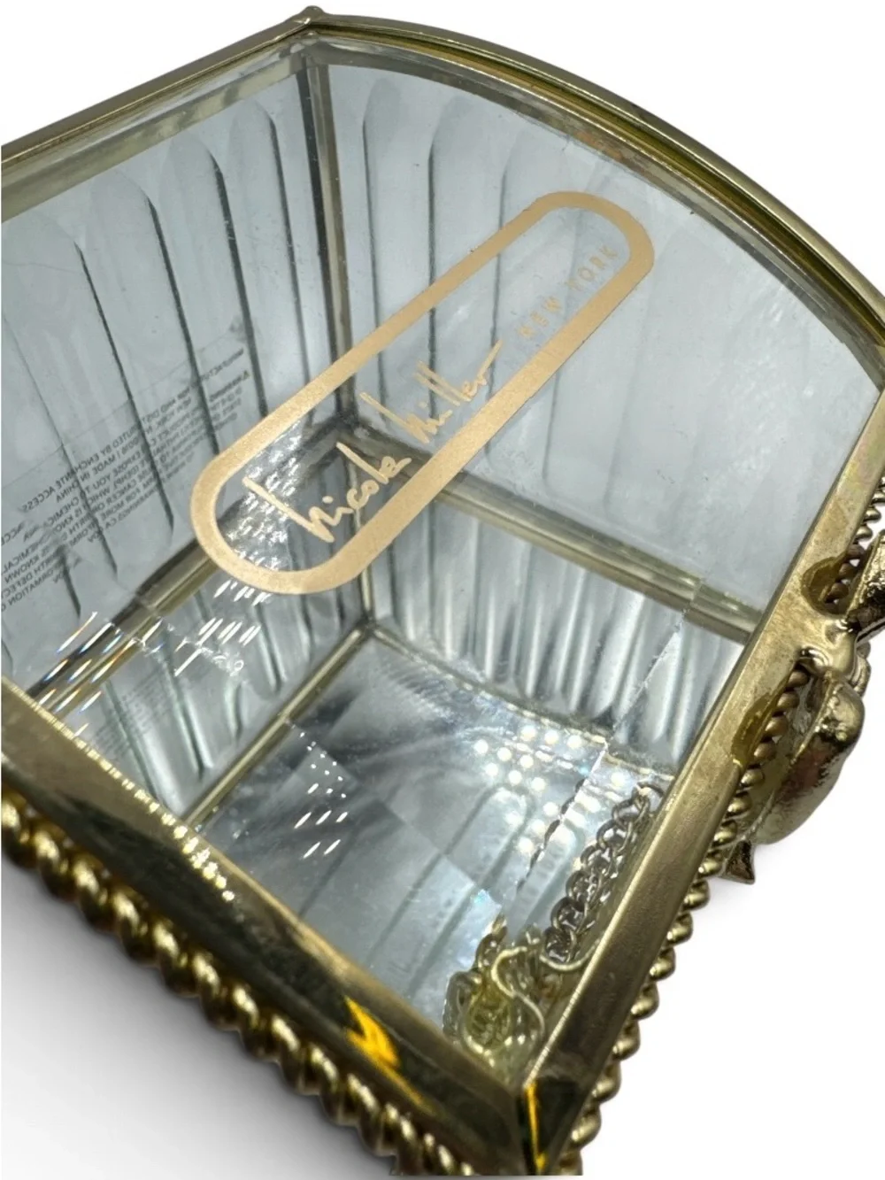 Nicole Miller New York Glass Gold Bow Jewelry Casket Trinket Box Coquette
